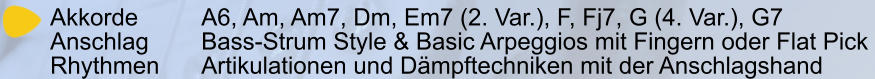 Akkorde		A6, Am, Am7, Dm, Em7 (2. Var.), F, Fj7, G (4. Var.), G7 Anschlag 		Bass-Strum Style & Basic Arpeggios mit Fingern oder Flat Pick  Rhythmen		Artikulationen und Dämpftechniken mit der Anschlagshand