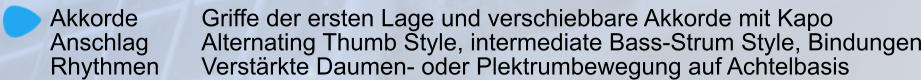 Akkorde		Griffe der ersten Lage und verschiebbare Akkorde mit Kapo   Anschlag 		Alternating Thumb Style, intermediate Bass-Strum Style, Bindungen Rhythmen		Verstärkte Daumen- oder Plektrumbewegung auf Achtelbasis