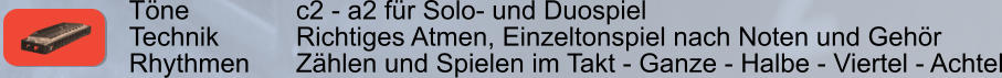 Töne        		c2 - a2 für Solo- und Duospiel Technik     	Richtiges Atmen, Einzeltonspiel nach Noten und Gehör Rhythmen    	Zählen und Spielen im Takt - Ganze - Halbe - Viertel - Achtel