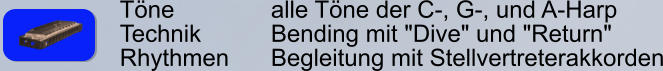 Töne        		alle Töne der C-, G-, und A-Harp Technik     	Bending mit "Dive" und "Return" Rhythmen    	Begleitung mit Stellvertreterakkorden