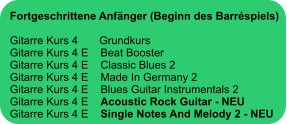 Fortgeschrittene Anfänger (Beginn des Barréspiels)  Gitarre Kurs 4       Grundkurs Gitarre Kurs 4 E    Beat Booster Gitarre Kurs 4 E    Classic Blues 2 Gitarre Kurs 4 E    Made In Germany 2 Gitarre Kurs 4 E    Blues Guitar Instrumentals 2 Gitarre Kurs 4 E    Acoustic Rock Guitar - NEU Gitarre Kurs 4 E    Single Notes And Melody 2 - NEU