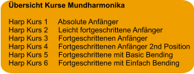 Übersicht Kurse Mundharmonika  Harp Kurs 1     Absolute Anfänger Harp Kurs 2     Leicht fortgeschrittene Anfänger Harp Kurs 3     Fortgeschrittenen Anfänger Harp Kurs 4     Fortgeschrittenen Anfänger 2nd Position Harp Kurs 5     Fortgeschrittene mit Basic Bending Harp Kurs 6     Fortgeschrittene mit Einfach Bending