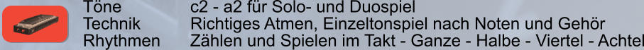 Töne        		c2 - a2 für Solo- und Duospiel Technik     	Richtiges Atmen, Einzeltonspiel nach Noten und Gehör Rhythmen    	Zählen und Spielen im Takt - Ganze - Halbe - Viertel - Achtel