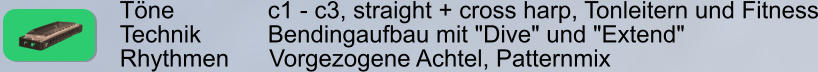 Töne              c1 - c3, straight + cross harp, Tonleitern und Fitness Technik          Bendingaufbau mit "Dive" und "Extend" Rhythmen      Vorgezogene Achtel, Patternmix