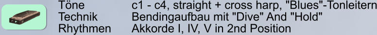 Töne        		c1 - c4, straight + cross harp, "Blues"-Tonleitern Technik     	Bendingaufbau mit "Dive" And "Hold" Rhythmen    	Akkorde I, IV, V in 2nd Position