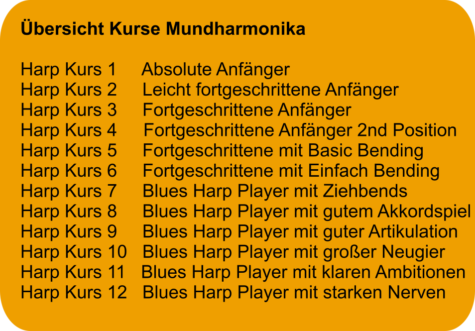 Übersicht Kurse Mundharmonika  Harp Kurs 1     Absolute Anfänger Harp Kurs 2     Leicht fortgeschrittene Anfänger Harp Kurs 3     Fortgeschrittene Anfänger Harp Kurs 4 	  Fortgeschrittene Anfänger 2nd Position Harp Kurs 5     Fortgeschrittene mit Basic Bending Harp Kurs 6     Fortgeschrittene mit Einfach Bending Harp Kurs 7     Blues Harp Player mit Ziehbends Harp Kurs 8     Blues Harp Player mit gutem Akkordspiel Harp Kurs 9     Blues Harp Player mit guter Artikulation Harp Kurs 10   Blues Harp Player mit großer Neugier  Harp Kurs 11   Blues Harp Player mit klaren Ambitionen  Harp Kurs 12   Blues Harp Player mit starken Nerven