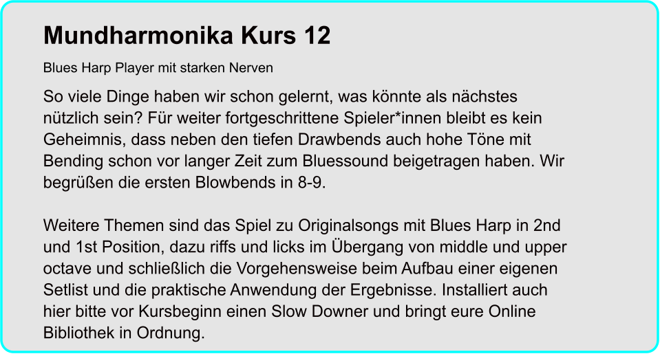 Mundharmonika Kurs 12Blues Harp Player mit starken Nerven  So viele Dinge haben wir schon gelernt, was könnte als nächstes nützlich sein? Für weiter fortgeschrittene Spieler*innen bleibt es kein Geheimnis, dass neben den tiefen Drawbends auch hohe Töne mit Bending schon vor langer Zeit zum Bluessound beigetragen haben. Wir begrüßen die ersten Blowbends in 8-9.  Weitere Themen sind das Spiel zu Originalsongs mit Blues Harp in 2nd und 1st Position, dazu riffs und licks im Übergang von middle und upper octave und schließlich die Vorgehensweise beim Aufbau einer eigenen Setlist und die praktische Anwendung der Ergebnisse. Installiert auch hier bitte vor Kursbeginn einen Slow Downer und bringt eure Online Bibliothek in Ordnung.