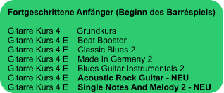 Fortgeschrittene Anfänger (Beginn des Barréspiels)  Gitarre Kurs 4       Grundkurs Gitarre Kurs 4 E    Beat Booster Gitarre Kurs 4 E    Classic Blues 2 Gitarre Kurs 4 E    Made In Germany 2 Gitarre Kurs 4 E    Blues Guitar Instrumentals 2 Gitarre Kurs 4 E    Acoustic Rock Guitar - NEU Gitarre Kurs 4 E    Single Notes And Melody 2 - NEU