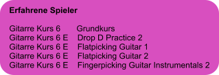 Erfahrene Spieler  Gitarre Kurs 6       Grundkurs Gitarre Kurs 6 E    Drop D Practice 2 Gitarre Kurs 6 E    Flatpicking Guitar 1 Gitarre Kurs 6 E    Flatpicking Guitar 2 Gitarre Kurs 6 E    Fingerpicking Guitar Instrumentals 2