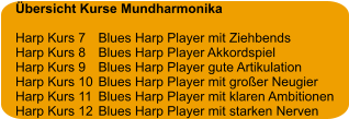 Übersicht Kurse Mundharmonika  Harp Kurs 7	Blues Harp Player mit Ziehbends Harp Kurs 8	Blues Harp Player Akkordspiel Harp Kurs 9	Blues Harp Player gute Artikulation Harp Kurs 10	Blues Harp Player mit großer Neugier Harp Kurs 11	Blues Harp Player mit klaren Ambitionen Harp Kurs 12	Blues Harp Player mit starken Nerven