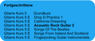 Fortgeschrittene  Gitarre Kurs 5       Grundkurs Gitarre Kurs 5 E    Drop D Practice 1 Gitarre Kurs 5 E    California Dreaming Gitarre Kurs 5 E    Acoustic Rock Guitar 2 Gitarre Kurs 5 E    Songs Of The Beatles Gitarre Kurs 5 E    Songs From Ireland And Scotland Gitarre Kurs 5 E    Fingerpicking Guitar Instrumentals