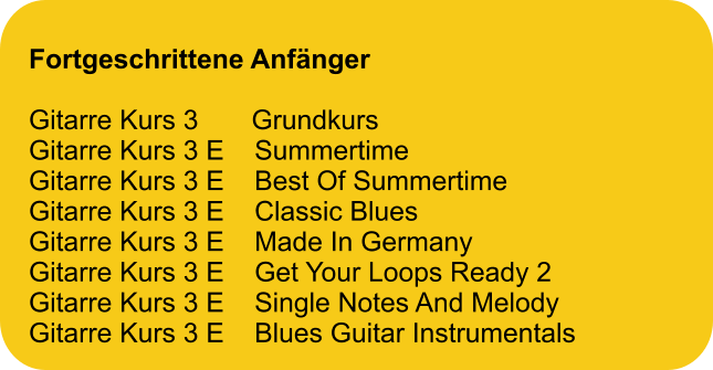 Fortgeschrittene Anfänger  Gitarre Kurs 3       Grundkurs Gitarre Kurs 3 E    Summertime Gitarre Kurs 3 E    Best Of Summertime Gitarre Kurs 3 E    Classic Blues Gitarre Kurs 3 E    Made In Germany Gitarre Kurs 3 E    Get Your Loops Ready 2 Gitarre Kurs 3 E    Single Notes And Melody Gitarre Kurs 3 E    Blues Guitar Instrumentals